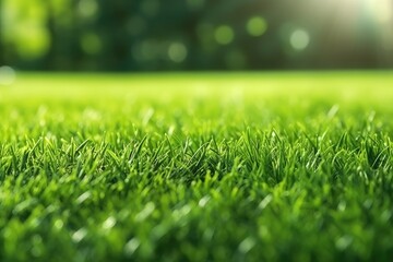Naklejka premium A beautifully manicured lawn sits amidst a forest of trees, basking in the warmth of a bright, sunny spring day