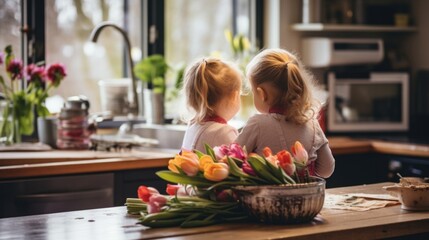 Obraz na płótnie Canvas Siblings Enjoying the Warmth of Home Kitchen at Sunset. Generative ai
