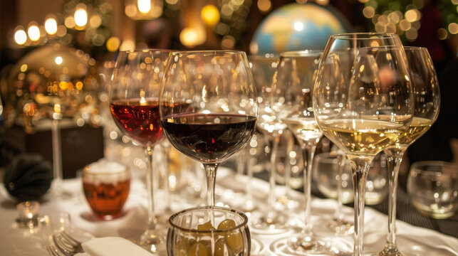 Wine glasses and shot glasses stand side by side ready for a tasting journey as guests sample different drinks from around the world at this globalthemed New Years party.