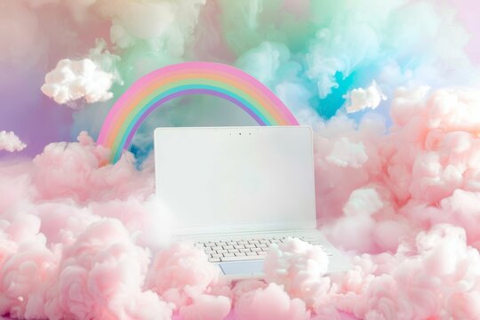 whimsical scene featuring a sleek laptop floating amidst fluffy clouds under a vibrant rainbow, creating a dreamy fusion of technology and fantasy