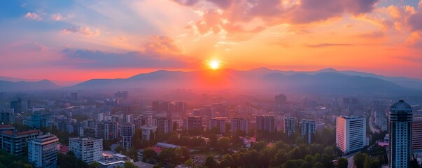 Sunset over Tirana capital city of Albania captured in an aerial panorama. Concept Aerial Photography, Cityscape, Sunset, Tirana, Albania - obrazy, fototapety, plakaty
