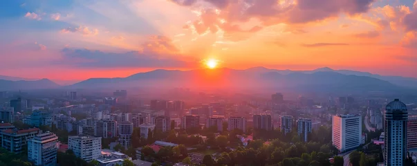 Foto op Plexiglas Sunset over Tirana capital city of Albania captured in an aerial panorama. Concept Aerial Photography, Cityscape, Sunset, Tirana, Albania © Ян Заболотний