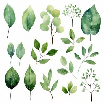 A collection of green leaves and branches hand drawn watercolor