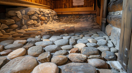 Dozens of heat rocks cover the bottom of the sauna radiating warmth and helping to create a consistent temperature throughout the space.