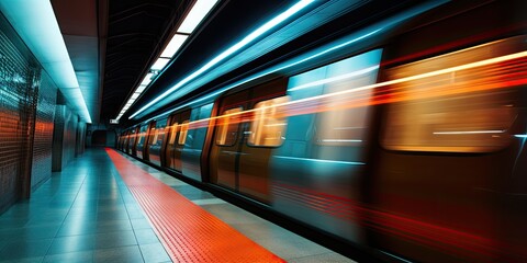 Obraz premium The subway station stands silent and deserted, devoid of passengers, echoing with the absence of bustling activity