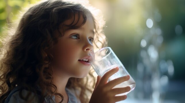 Young Girl Drinking Water in Sunlit Setting. Generative ai