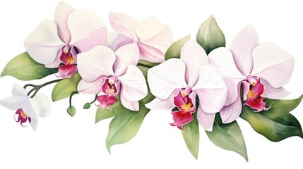 A painting of a bunch of white flowers with pink petals hand drawn watercolor. The flowers are arranged in a line and are surrounded by green leaves