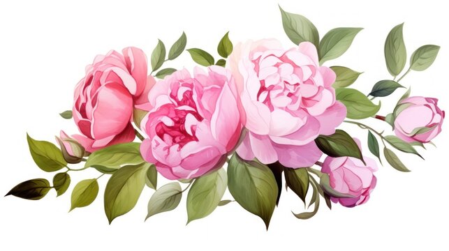 A bouquet of pink flowers with green leaves hand drawn watercolor. The flowers are arranged in a way that they look like they are growing out of a stem