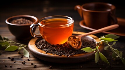 Obraz na płótnie Canvas A wooden table set with a cup of tea, tea leaves,