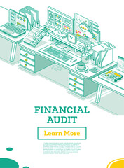 Financial Audit. Workplace of an Auditor or Accountant. Isometric Business Concept. Account Tax Report. Two Computers on Desk with Documents in Office. Calculating Balance.
