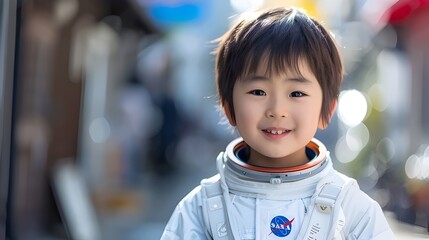 portrait of a boy smiling in astronaut uniform, future career concept