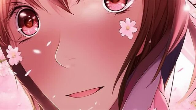 Animation of a portrait of a young girl under a sakura tree with pink petals. Background video for music. Cartoon anime style. Japanese comic. Manga