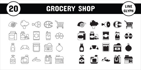 Grocery Shop Line Glyph Vector Illustration Icon Sticker Set Design Materials