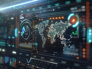 High-tech control panel displaying a digital world map and various analytical data, symbolizing global data monitoring and visualization.