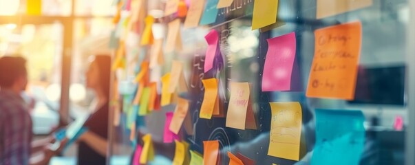 Colorful sticky notes on a glass wall during a creative brainstorming session, with a person in the background analyzing and contemplating ideas.