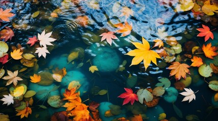 Fototapeta na wymiar Autumn foliage in pond with floating leaves 