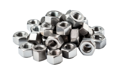 Small pile of metal nuts isolated on transparent a white background 