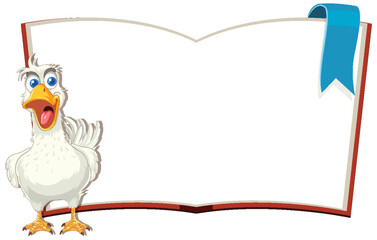 Cartoon chicken presenting a blank open book