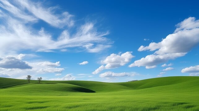 Beautiful grassy fields and summer blue sky with fluffy white clouds