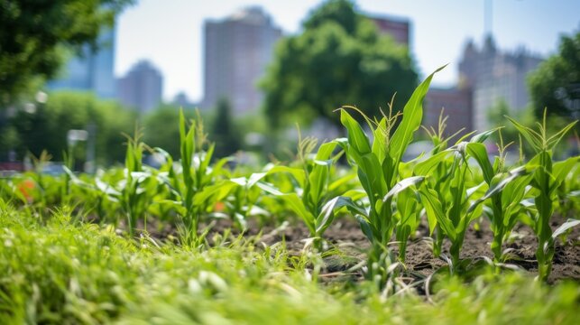 Close-up of Green Young corn plants growing in a communal garden against the background of the City on a sunny day. Harvest, Agriculture, Farming concepts. Horizontal photo.