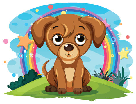 Adorable brown puppy sitting under a colorful rainbow