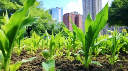 Fotobehang Close-up of Green Young corn plants growing in a communal garden against the background of the City on a sunny day. Harvest, Agriculture, Farming concepts. Horizontal photo. © liliyabatyrova
