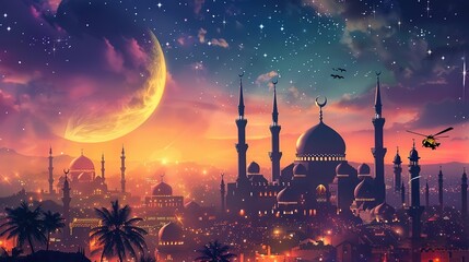 Ramadan Kareem background with mosque and moon, Eid greetings background, Mosque night view Pro Photo - obrazy, fototapety, plakaty