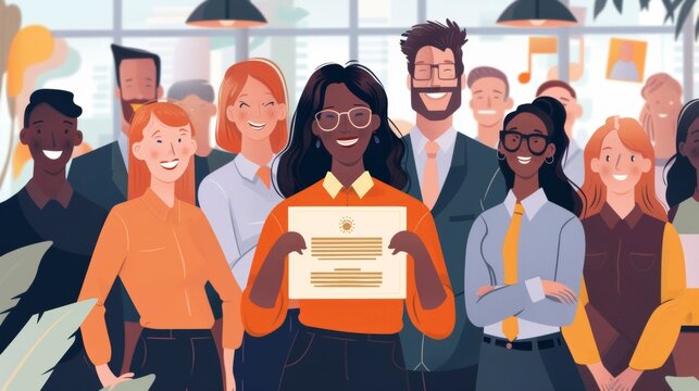 A company CEO holds up a certificate of completion as she celebrates the successful implementation of a new employee development program surrounded by her team members and