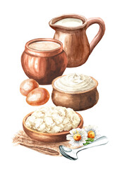 Rustic natural Dairy products.. Hand  drawn watercolor illustration,  isolated on white background