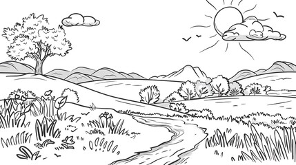 A delightful printable black-and-white page of a landscape for kids