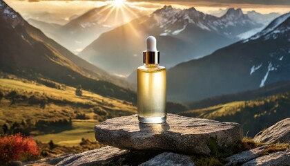 top view photograph skincare serum bottle with label with sun shining, Ai Generate