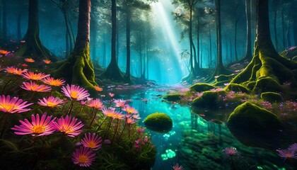 world in the jungle, An underwater forest where bioluminescent creatures illuminate the darkness, flowers emerge above water, Ai Generate 