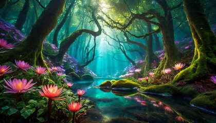 fish in aquarium, An underwater forest where bioluminescent creatures illuminate the darkness, flowers emerge above water, Ai Generate 