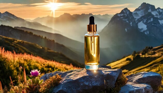 sunrise in the mountains, top view photograph skincare serum bottle with label with sun shining, Ai Generate