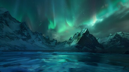 Aurora Borealis, Lofoten islands, Norway. Nothen light, mountains and frozen ocean. Winter...