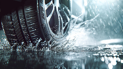 A tire is in the water and the water is splashing - obrazy, fototapety, plakaty