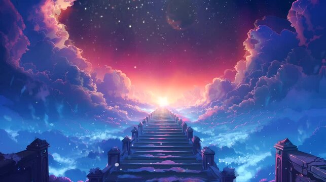 Majestic celestial staircase that lead to the heaven. Fantasy landscape anime or cartoon style, looping 4k video animation background