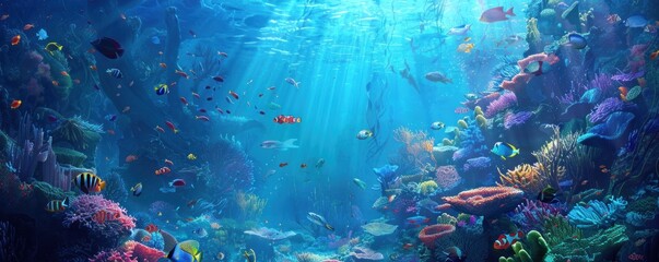 Underwater scenery with colorful fishes and corals.