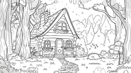 coloring book for children depicting a magical house in the forest. coloring with felt-tip pens and pencils. The development of fine motor skills in children.