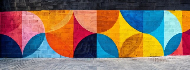 Dynamic abstract mural on concrete wall with flowing waves in vivid orange and cool blue tones.