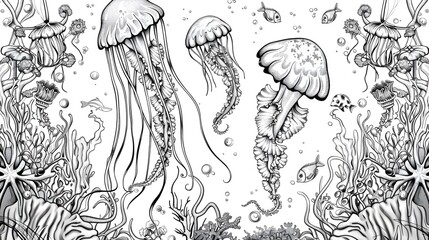 Coloring pages with jellyfish and seahorse