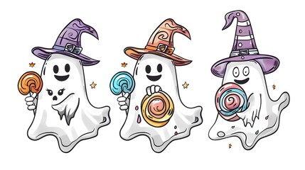 Cute ghost wearing witch hat holding candy colored and outline doodle cartoon illustration set. Halloween, trick or treat coloring book page activity for kids and adults