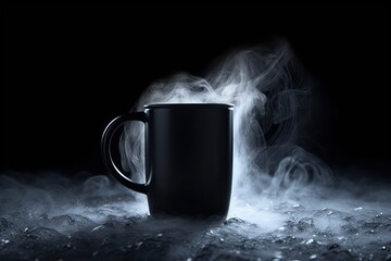Amidst the darkness, a cup brimming with a hot beverage emits wisps of steam, inviting indulgence and relaxation