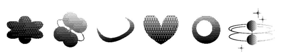 Pixel y2k geometric shape set. Pixel retro design. Bitmap y2k element grain. Vector illustration
