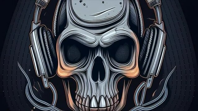 Animation of skull wearing music headphones on black background. Cartoon in anime style. Background for music