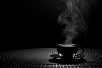A warm cup of liquid casts tendrils of steam against the dark backdrop, promising coziness and solace - obrazy, fototapety, plakaty