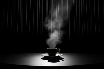  a cup of steaming hot drink releases fragrant steam, offering a comforting respite from the darkness. - obrazy, fototapety, plakaty