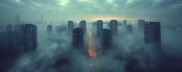 Mysterious urban landscape enveloped in mystical fog. Concept Mystical fog, Urban landscape, Mysterious ambiance