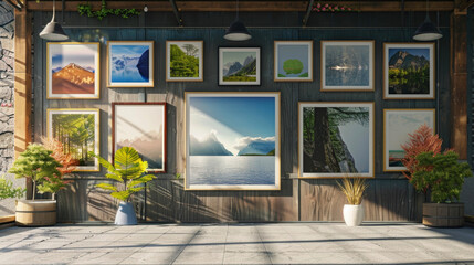 A large openair gallery featuring photographs of nature scenes displayed on rustic wooden frames and surrounded by potted plants.