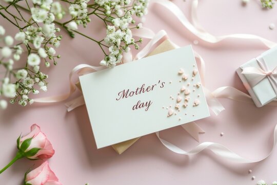 mother's day Pink White postcard, gift box and Flower parents Gift box background